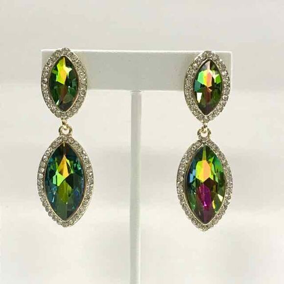 Gold Tone Clip-On Earrings with Green Aurora Borealis Crystal Stones - Picture 1 of 2